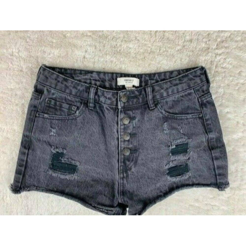 Forever 21 Size 25 Women Shorts Black Wash Rip Torn Distress Mid Rise Button Fly